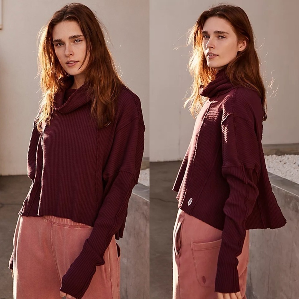 Free People Movement-Plum Ribbed Cowl Neck Pullover (Size:XS)
